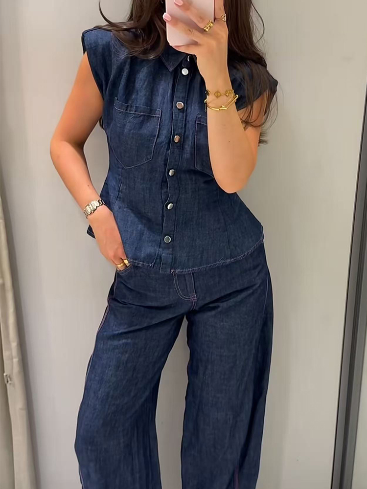 TFMLN Vrouwen Denim Broek Set  - Shoulder Pad Set In recensie en prijs
